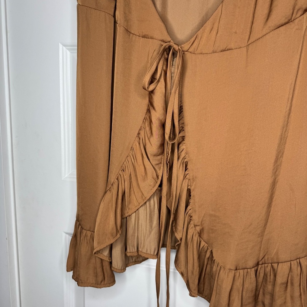 Free People All My Love Shine Mini Wrap Slip Dress Size Large Tan Brown NWT - Picture 7 of 12